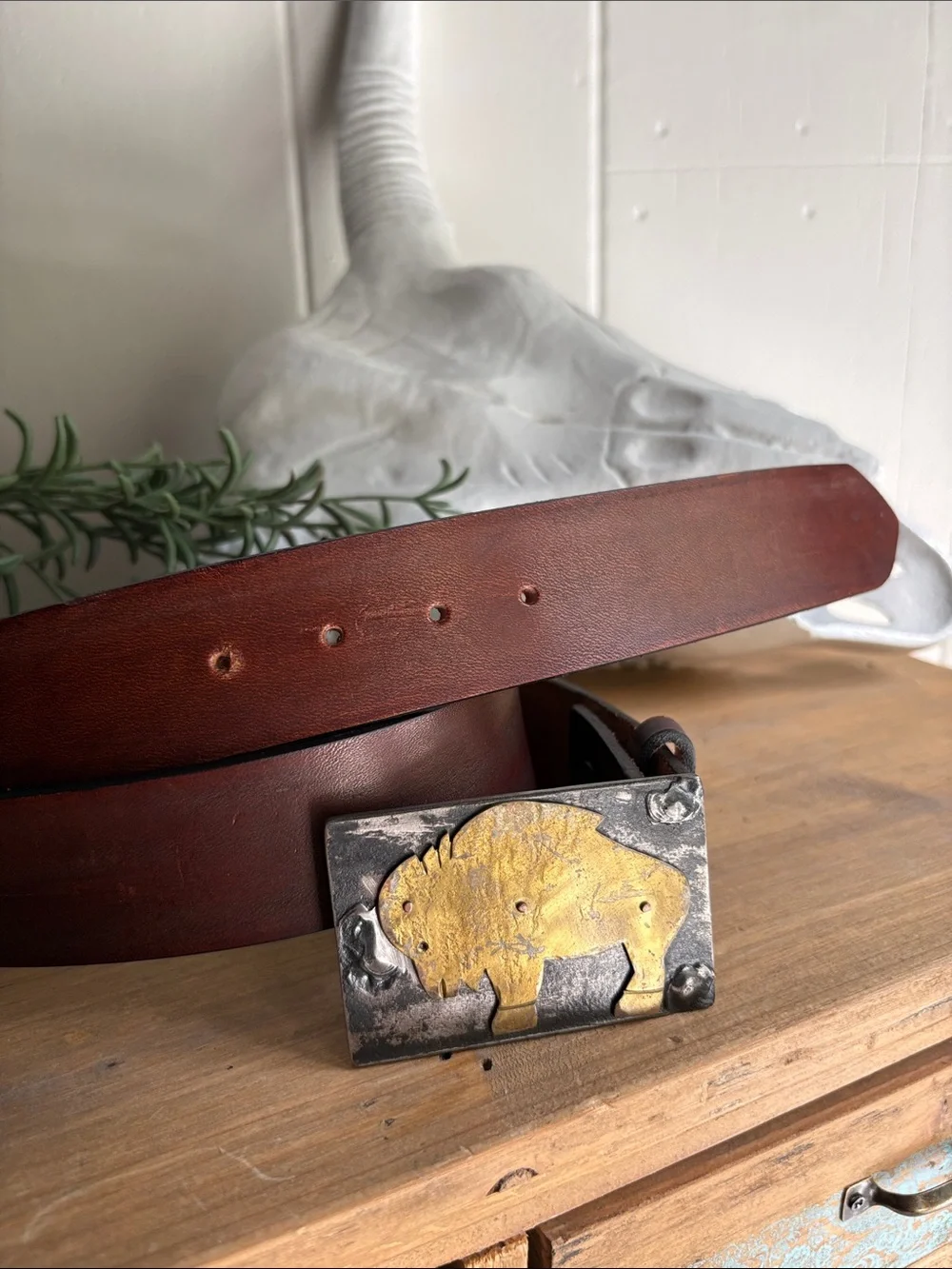 Western Brown Leather Belt with Brass Buffalo Buckle
